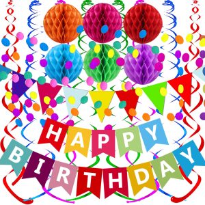 Fecedy Happy Birthday Banner With Colorful Paper Flag Bunting Paper Circle Confetti Garland Swirl Streamers…