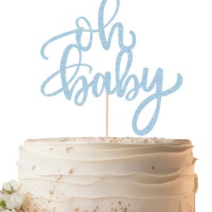 EONNCNT Oh Baby Cake Topper - Light Blue Glitter Baby Shower Cake Decorating Supplies for Boys or Girls, Baby Shower Cake Topper for Gender Reveal Baby Birthday Party Photo Booth Props