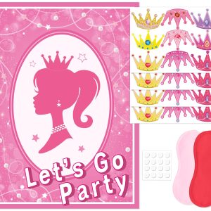 QISOLIY Pin The Crown on The Princess Party Game, Pink Girl Party Game, Large Poster with 36 Pcs Bow Stickers Favors for Girls Princess Birthday Party Supplies
