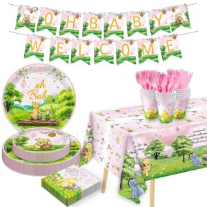 178pcs Pink Winnie Bear Baby Shower Pooh Party Supplies Decorations Oh Baby Plates and Napkins Tableware Set for Boys Girls Newborn Kids Cups Tablecloth Banner Birthday Decorations for 25 Guests