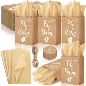 Saypacck 50 Pack Oh Baby Party Favors Bags with Tissue Papers Rustic Kraft