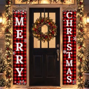 Ivenf Christmas Decorations Outdoor Yard Front Porch Sign Set, Red Black Buffalo Plaid Door Banner, Hanging Merry Christmas Decorations for Home, Indoor Outdoor Xmas Decor Wall Front Door Yard Garage