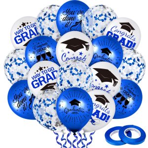Whaline 60 Pcs Graduation Party Balloons Set, Blue White Confetti