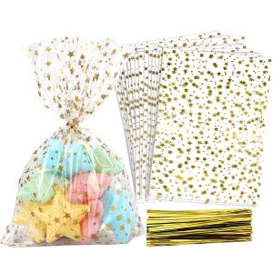 COQOFA 100 Pcs Star Printed 5"X 7" Gift Wrap Cello Cellophane Treat Bags Party Favor bags Clear Candy Cookie Bag Plastic Poly Goodie Storage Bag with Twist Ties for Bakery,Birthday, Wedding ,Party Dec