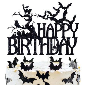 Ferastar Halloween Happy Birthday Cake Topper, Spooky Haunted House Black Glitter Cake Supplies, Creepy Birthday Themed Party Decor Black Glitter