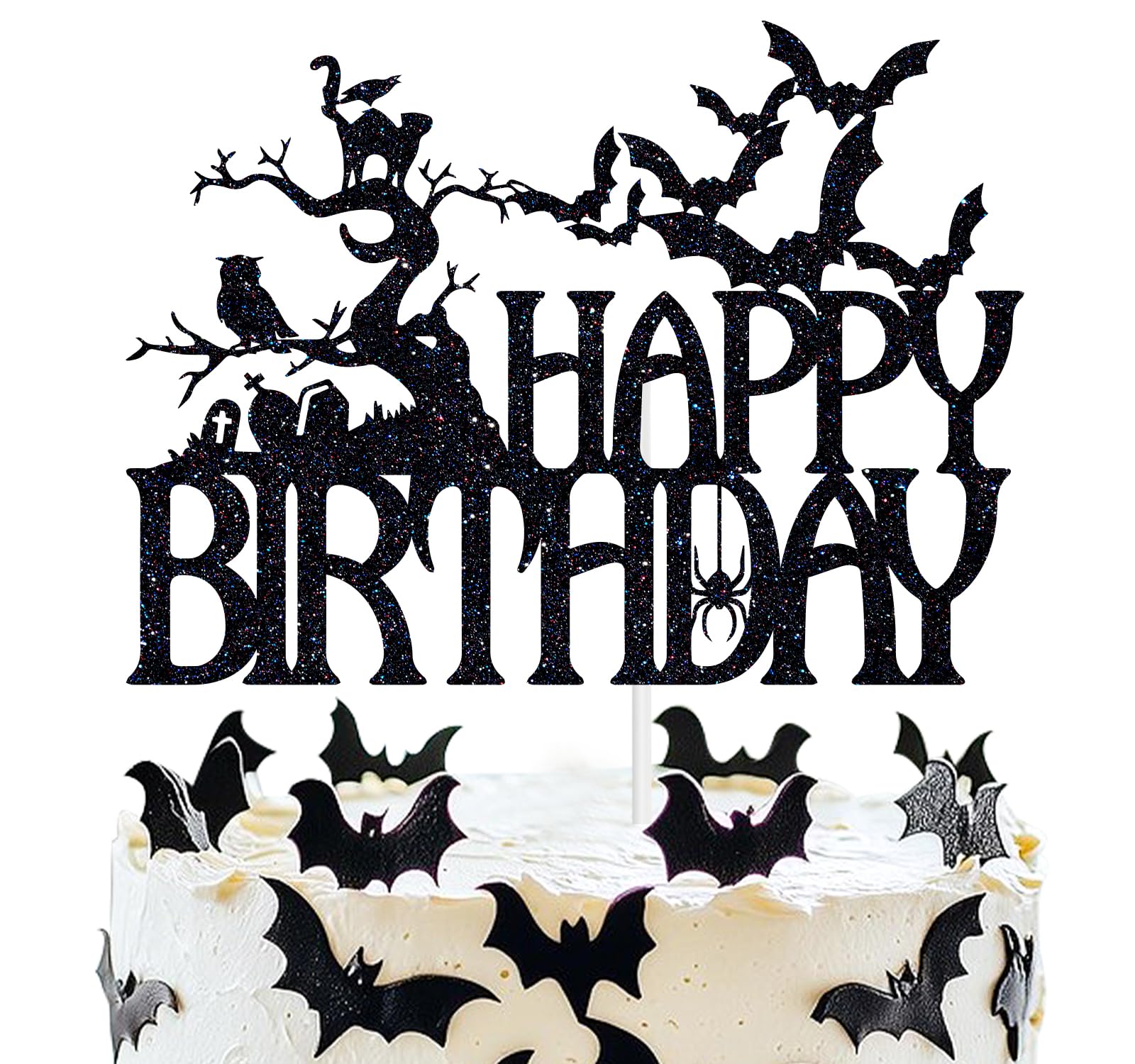 Ferastar Halloween Happy Birthday Cake Topper, Spooky Haunted House Black Glitter Cake Supplies, Creepy Birthday Themed Party Decor Black Glitter