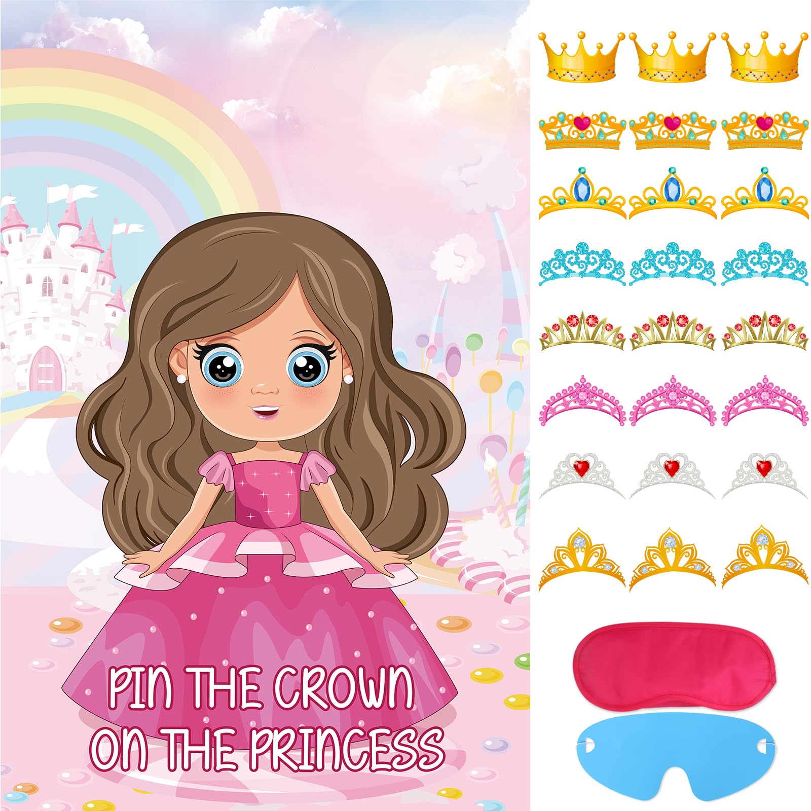 Hxezoc Pin The Crown on The Princess Party Games with 24 Pcs Crowns, Large Princess Party Games Poster for Girls Kids Birthday Party Carnival Supplies