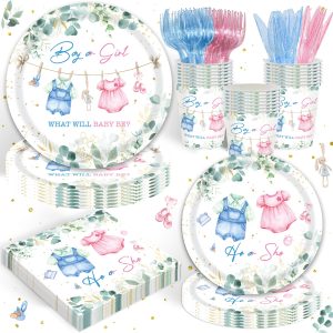 Girl or Boy Gender Reveal Party Supplies Pink or Blue She or He Gender Reveal Party Decorations Eucalyptus Baby Shower Tableware Set Plates Napkins Cups Forks Knives for 20 Guests