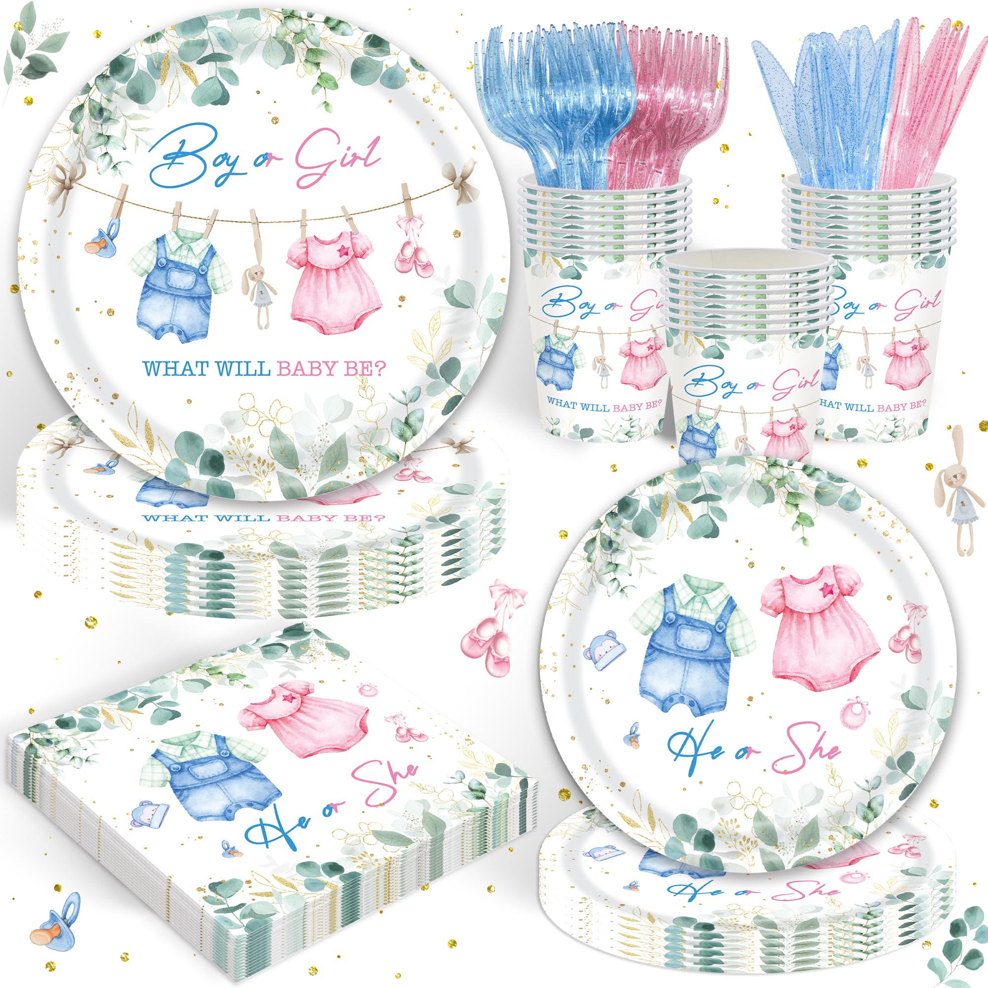 Girl or Boy Gender Reveal Party Supplies Pink or Blue She or He Gender Reveal Party Decorations Eucalyptus Baby Shower Tableware Set Plates Napkins Cups Forks Knives for 20 Guests