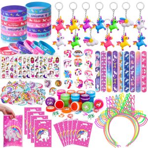 Winrayk 146Pcs Unicorn Party Favors Birthday Supplies Girls, Headband Bag Bracelet Stamper Keychain Slap Bracelet Tattoo Sticker Ring, Goodie Stuffer Pinata Filler Rainbow Unicorn Party Supplies Decor