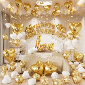 Adeyoo Happy Anniversary Decorations, Gold White Balloons, Heart Balloons