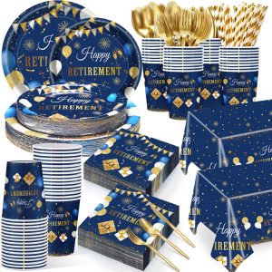 Funnymoom 452 Pcs Blue Gold Retirement Party Decoration Plate Napkin for 50