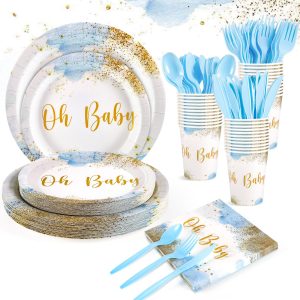 175 Pcs Baby Shower Tableware Set For 25, Dusty Blue Boy Party Supplies