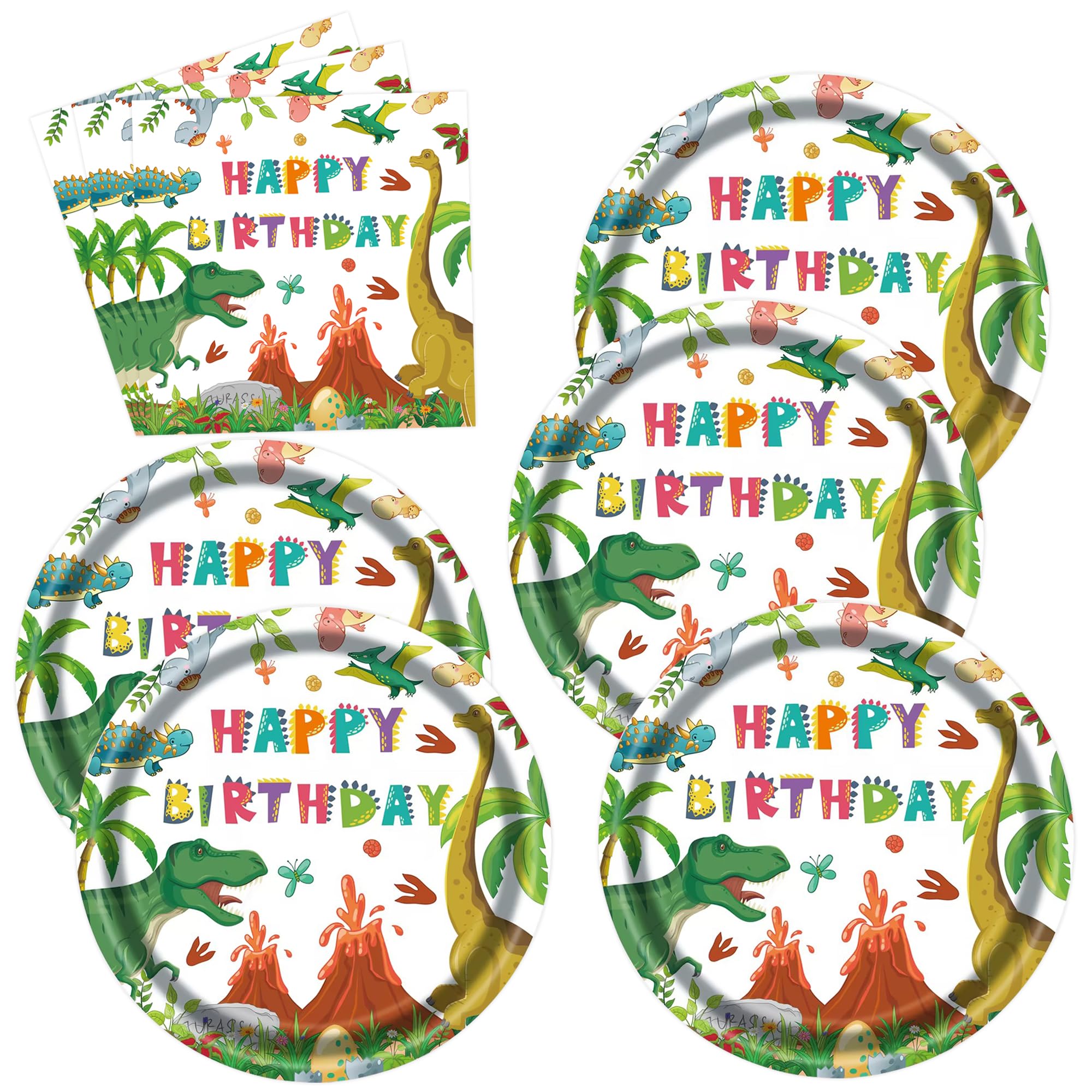 PUEVENYI 50PCS Dinosaur Birthday Paper Plates and Napkins - Watercolor Disposable Paper Plates Napkins Kit for Dinosaur Birthday Party Decorations Table Decor, Serves 25