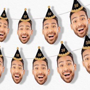 Custom Photo Adult Black & Gold Birthday Age Hat - Garland Banner - 10pc