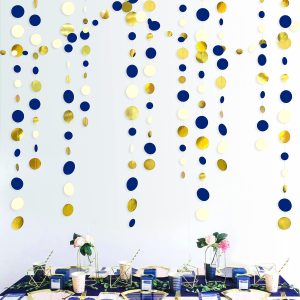 Navy Blue and Gold Circle Dots Garland Royal Blue Hanging Paper Polka Dot Streamer for Birthday Wedding Bridal…