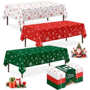 LIKAJON 12 Pack Plastic Christmas Tablecloths, 54 x 108 Inches for Party