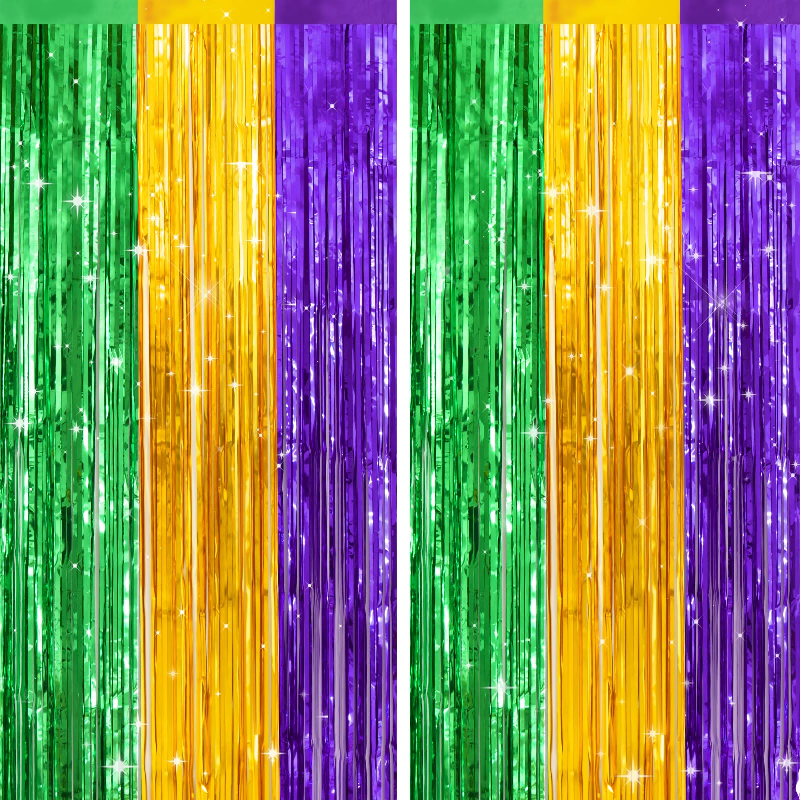 jijAcraft Purple Gold Green Tinsel Foil Fringe Curtain, 2 Pack 3.2x6.5 Feet Metallic Streamers Photo Booth Backdrop for Mardi Gras Carnival New Orleans Theme Birthday Graduation Disco Decorations