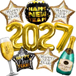 Happy New Year 2027 Party Decorations, 11 Pcs Gold Foil Balloon Set