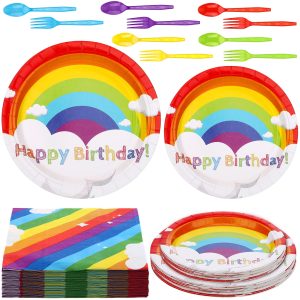 Jetec 240 Pcs Rainbow Birthday Party Supplies for 40 Guests, Colorful Disposable Tableware Set with Plates Napkins Cutlery, Easy Party Decorations for Birthday, Baby Shower, Rainbow Theme Celebration