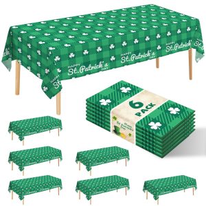 JHDZDHY 6 Pack Clover Checkered Disposable Plastic Tablecloth 54" x 108" Green Shamrock Party Table Cloths Disposable for 6 to 8 Foot Tables St Patricks Day Party Indoor or Outdoor (Clover Checkered)