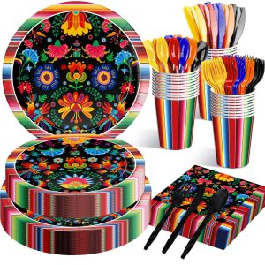 175 Pcs Mexican Fiesta Plates Napkins Cups Cutlery Tableware Decorations
