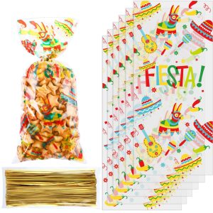 Blulu 100 Piece Mexican Fiesta Cellophane Treat Bags, Mexican Candy Bags