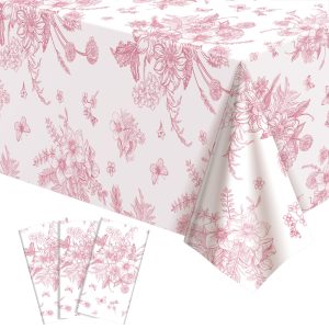 3 Pcs Pink Floral Plastic Tablecloths, Disposable Wedding Table Cloth