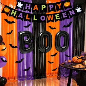 Halloween Party Decorations, 18PCs Orange Purple Black Fringe Curtains with Happy H alloween Banner Bat Sticker BOO Foil Balloon for HALLOWEEN Photo Booth Props Photo Backdrop Streamers Party Supplies