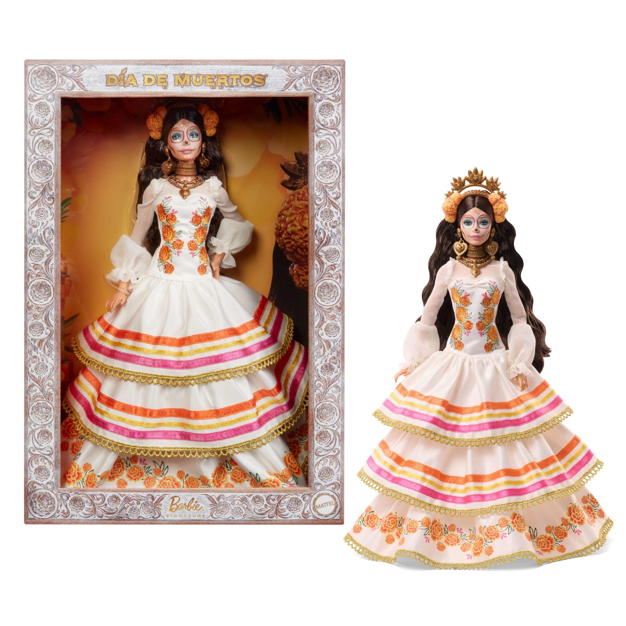 Barbie Signature Doll, Día De Muertos 2025 Collectible in Ruffled Cream Gown Trimmed with Marigolds and Ribbon, Flower Crown and Calavera Face Paint