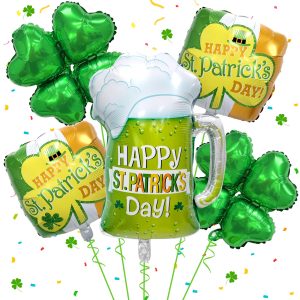 Lukinuo St. Patrick's Day Balloons 5pcs 18 Inch Shamrock Balloons Clover Foil Balloon Lucky Irish Balloon Happy St Patrick’ s Day Decorations Beer Balloon for Irish Party Decorations