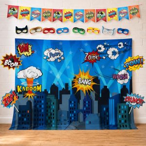 Superheroes Theme Party Photography Backdrop with Prop, Flag & Mask. Super Hero Cityscape Photo Booth Background for Kids Party, Birthday Wall Decorations