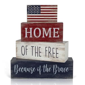 4th of July Decorations, 4 Sets Patriotic Wooden Block Table Centerpieces, Red White Blue Independence Day Memorial Day Tabletop Decorations, Rustic Labor Day Tiered Tray Decor for Home Office