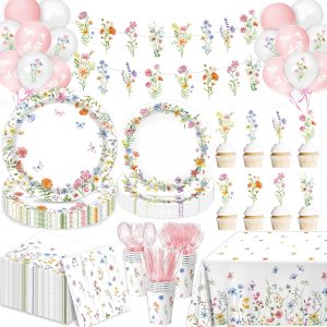 LINHAXM 175 PCS Spring Wildflower Party Decorations include Plates, Cups, Napkins, Cutlery, Cake Toppers, Banner, Tablecloth, Balloons for Floral Baby Shower Birthday Decorations, Serves 20