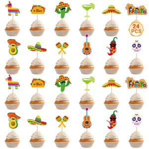 24 PCS Cinco De Mayo Decorations, 12 Style Fiesta Cake Toppers, Cocktail Guitar Chili Design Cinco De Mayo Cupcake Toppers Mexican Toothpicks, Taco Party Decorations Mexican Decor for Fiesta Party