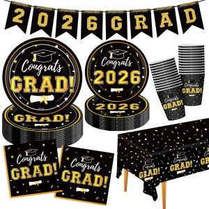 Graduation Decorations 2026 Disposable Black Graduation Tableware Kit for 25 Guests Plates Napkins Cups Tablecloth Hanging Graduation Party Decorations 2026