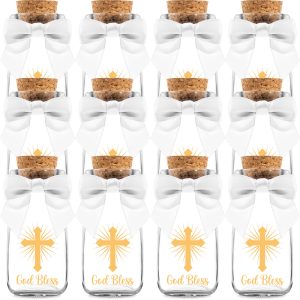 Ethisa Vintage 12 Pack Baptism Glass Bottles with Ribbons and Stickers - Classy God Bless Party Favors for Baptism and 1st Communion - Bautizo Table Centerpiece Decoration - Baby Christening Candy Jar