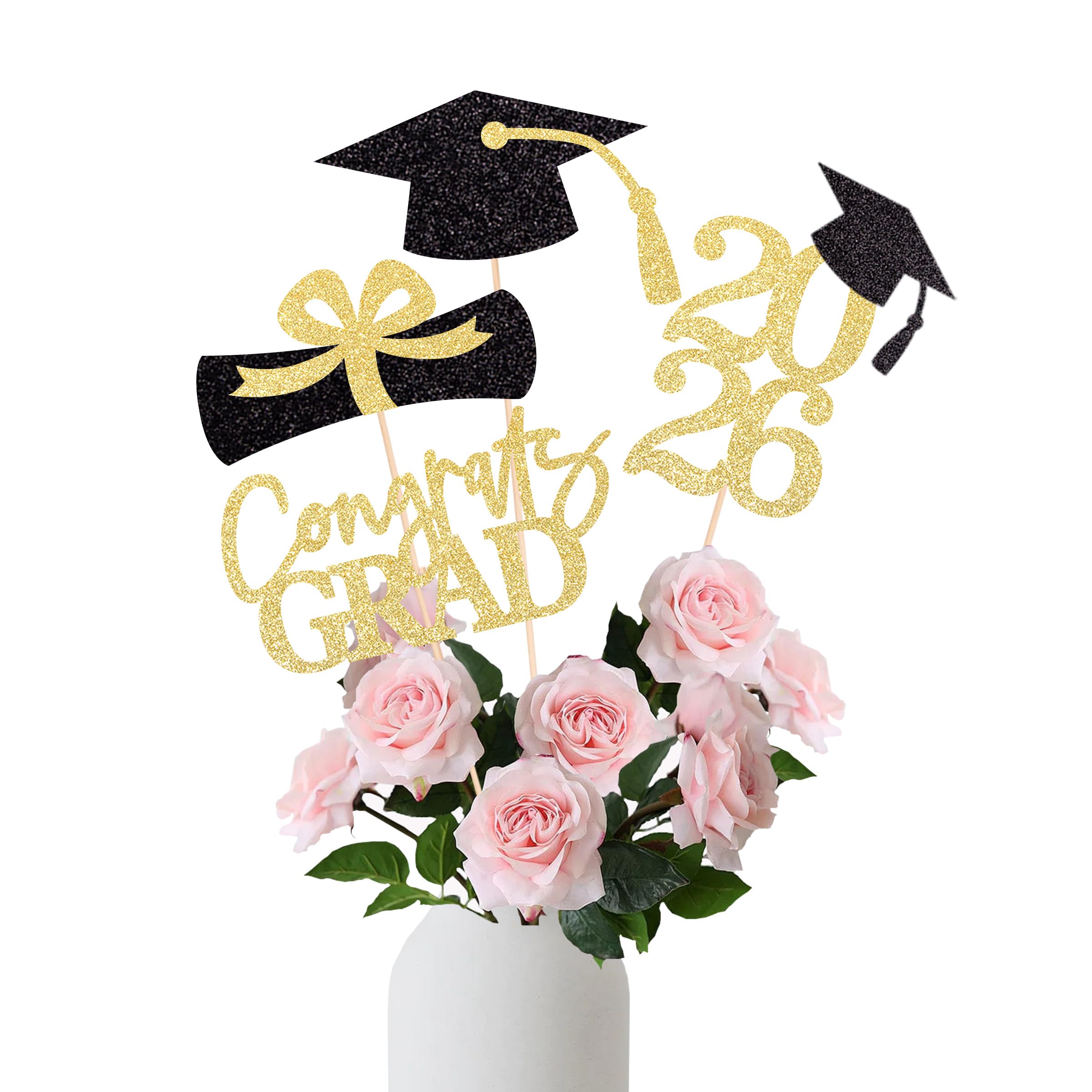 Graduation Decoration Class of 2026 Centerpieces for Table, 2026 Party Centerpieces Grad Cap Sticks Party Supplies, Graduation Party Decoration Toppeers (16 PCS, Gold & Black, Set of 4)