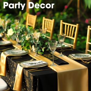 Niuara Graduation Decorations Table Cloth for Rectangle Table and Table Runner Set - 3+3 Pack, Black and Gold Plastic Tablecloth Disposable for Birthday, Wedding, Baby Shower, New Year