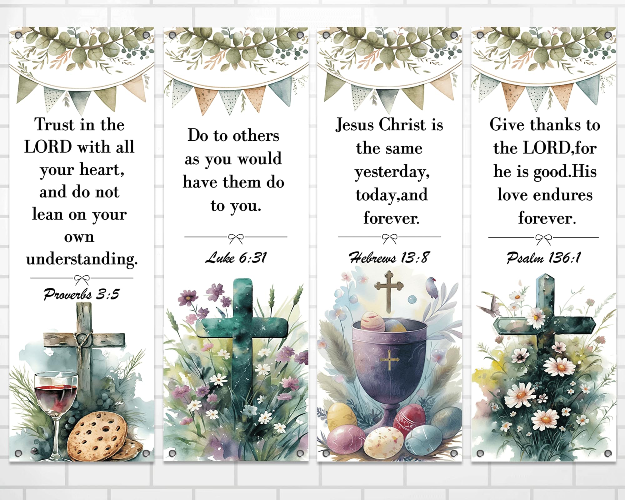4Pcs Easter Church Banners for Sanctuary Wall Welcome Religious Banners Hanging Backdrop Scripture Watercolor Easter Signs Bible Verses Banner Scripture Hanging Signs for Church School Decor