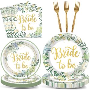 96Pcs Bridal Shower Decorations - Sage Green Bride to Be Paper Plates, Napkins, Wedding Shower Tableware Set - Green Plants Dinnerware for Engagement, Bachelorette Party Supplies - Serves 24