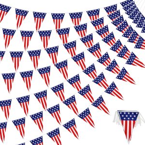 30Ft USA Flag Pennant Banner 4th of July American Flag Banner, Red White Blue Stars and Stripes Pennant for Courtyard Independence Day Patriotic Party Decorations