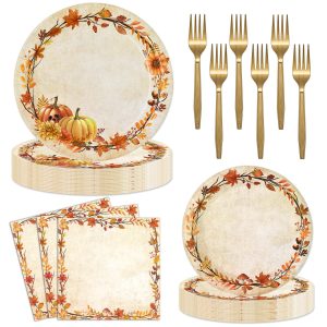 96 Pieces Fall Plates and Napkins Thanksgiving Party Supplies, Watercolor Pumpkin Autumn Leaves Disposable Tableware with Paper Plates Napkins and Forks for Thanksgiving Harves Party Decor - Serves 24