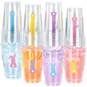 50 Pack Easter Cups, 14 Oz Bunny Disposable Plastic Cups Easter Party Decorations, Colorful Rabbit Clear Drinking Dinnerware, Cold Drinking, Beer, Coffee Cup for Spring Party Supplies Bunny Decor