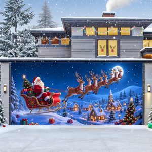 TTCHANG Christmas Garage Door Cover, Large Christmas Banner Backdrop Decorations Hanging Door Photography Decor for Indoor Outdoor House Patio Lawn Party Background,Reindeer Santa Claus,16x7FT