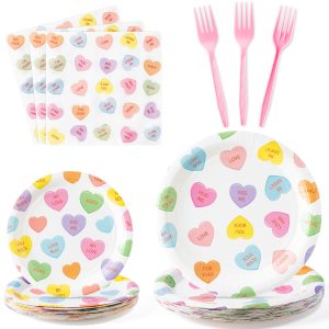 G1ngtar Conversation Heart Valentine's Day Candy Party Plates Supplies - Serves 24 - 96Pcs Party Tableware Decoration Disposable Paper Plates Napkins Forks for Valentine Birthday Wedding