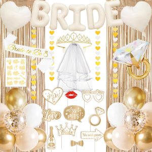 60PCS Bride To Be Decorations, Champagne Gold Bachelorette Party Decorations Include Bride To Be Sash Veil Crown Tattoo Stickers Photo Props Fringe Curtain for Wedding Bridal Shower Decorations