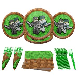Pixel Warrior Value Party Supplies (64 pieces for 20 Guests) - Video Game Party Supplies, Video Game Birthday Decorations, Mining Craft Party, Pixel Miner Party, Video Game Birthday Party