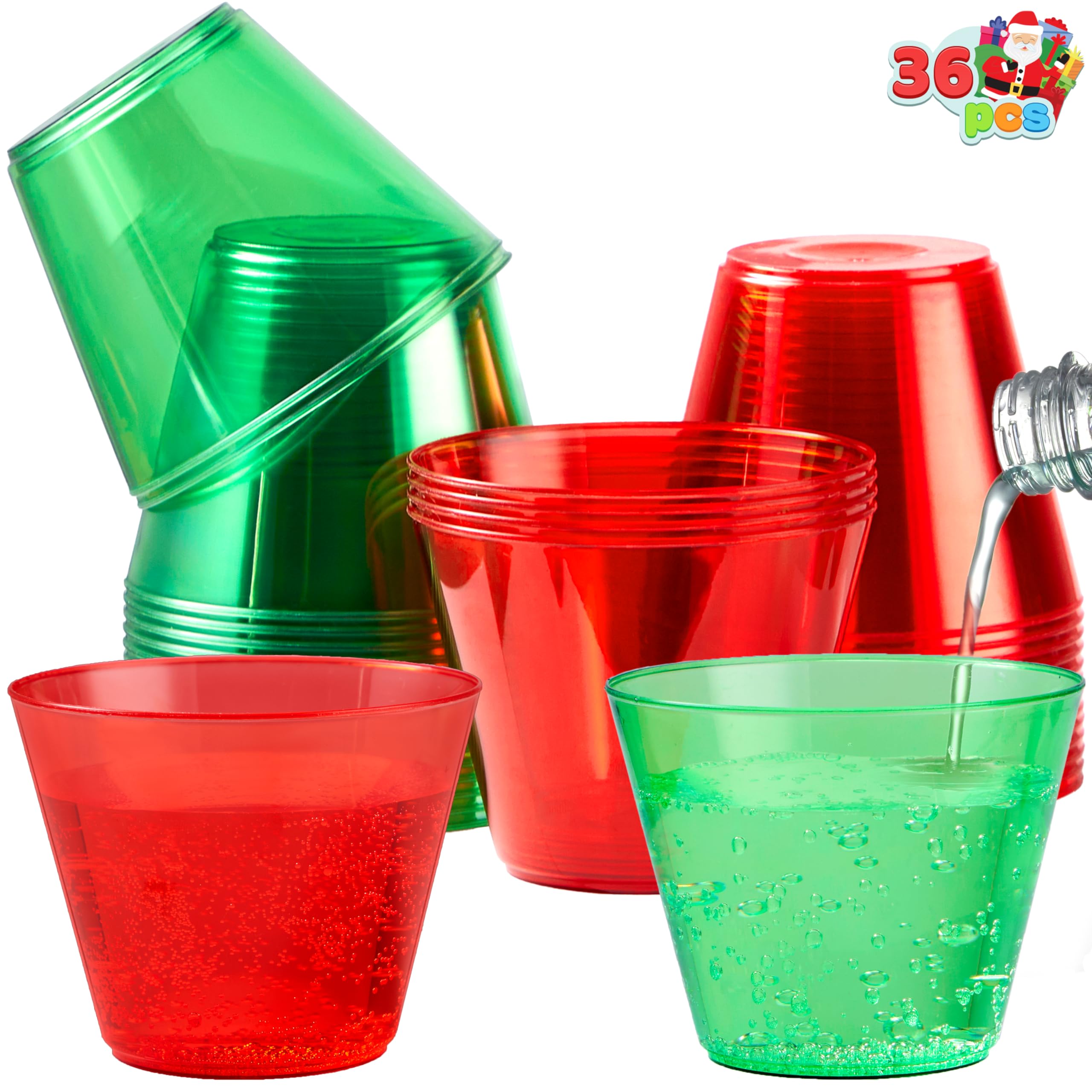 JOYIN 36 PCS Clear Disposable Plastic Cups, 9 OZ Christmas Red and Green Drinking Cups, Plastic Wine Glasses for Xmas Party Supplies, Wedding, Thanksgiving, Birthday, Holiday, New Year