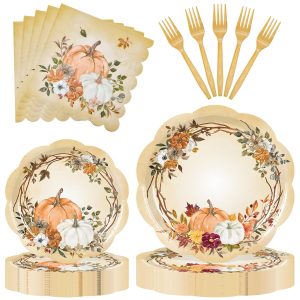 Herytem 100 Pieces Thanksgiving Tableware Set – Pumpkin Disposable Plates, Napkins and Gold Forks for Fall Harvest Party, Friendsgiving and Autumn Celebration – Serves 25 Guests
